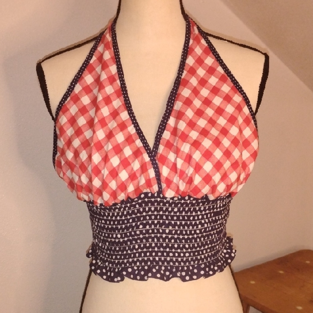 True 1970s Fred Engelman Bodice Halter Top Gingham And Polka Dots Sz L